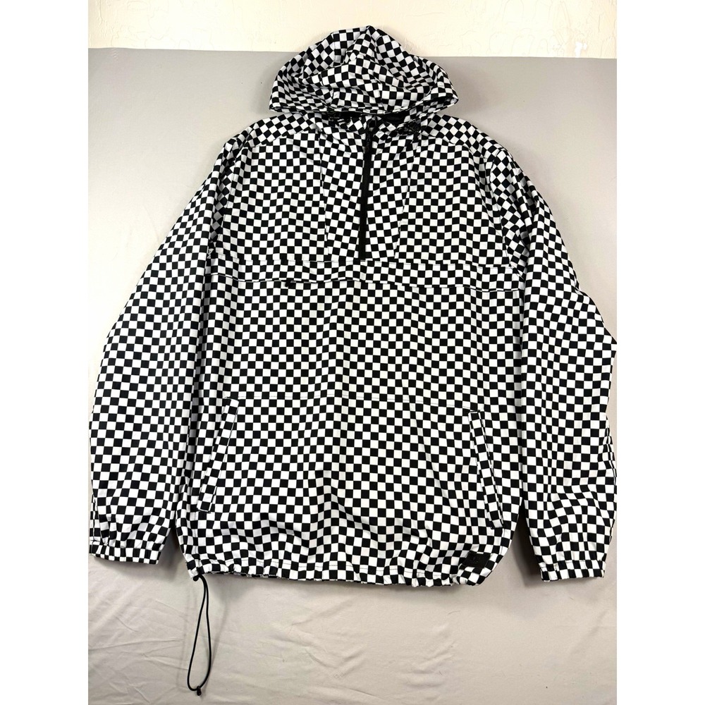 VANS black/white checkerboard anorak 1/4 zip hooded jacket w/pockets, men's L